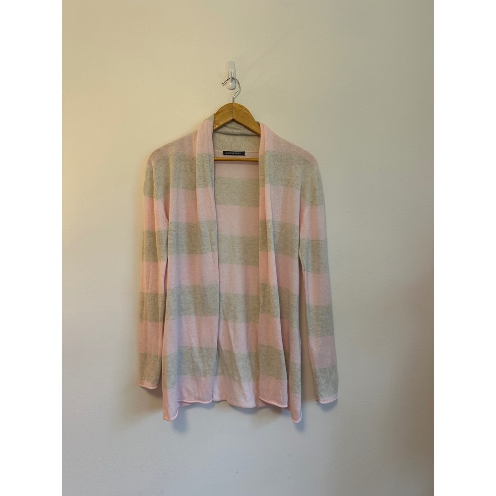 Caroline Grace Pink and Gray Striped Cotton Cashmere Open Front Cardigan | Small